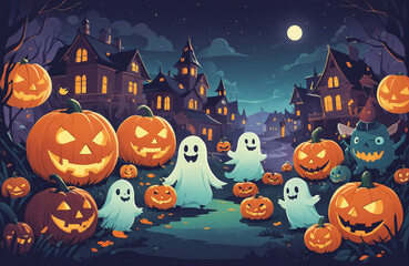 Fototapeta premium cute halloween festival illustration pattern background cartoon with ghost and pumpkin