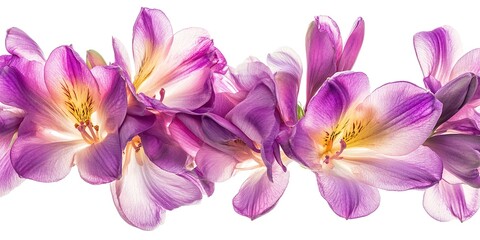 Naklejka na ściany i meble This close-up shot showcases a bunch of vibrant purple freesia flowers blooming in full splendor. The delicate petals stand out against a clean white backdrop, highlighting their intricate beauty. 