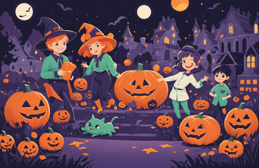 Fototapeta premium cute halloween festival illustration pattern background cartoon with ghost and pumpkin