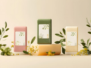Three elegant soap bars in pastel colors, featuring natural ingredients and botanical designs, ideal for skincare and beauty enthusiasts.