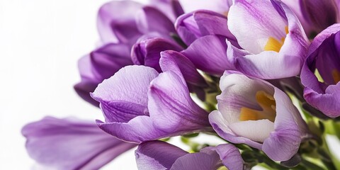 This close-up shot showcases a bunch of vibrant purple freesia flowers blooming in full splendor. The delicate petals stand out against a clean white backdrop, highlighting their intricate beauty. 