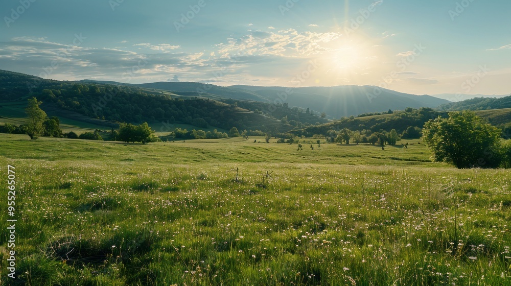Aufkleber a large field of grass with a bright sun shining on it