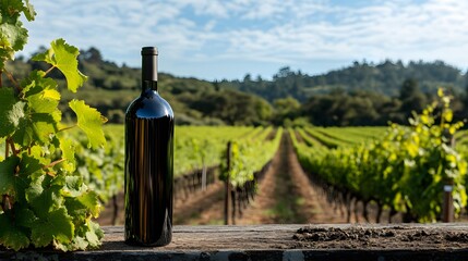A beautifully designed organic wine bottle placed in front of a picturesque vineyard, showcasing lush green vines and a clear blue sky