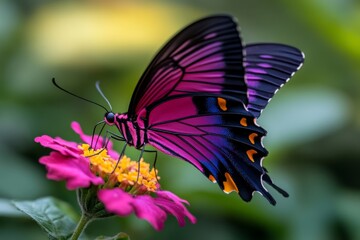 Naklejka premium Viva Magenta butterfly with vibrant wings in nature, captured in a photo where a butterfly with magenta and purple wings perches on a flower, its colors standing out against the green foliage