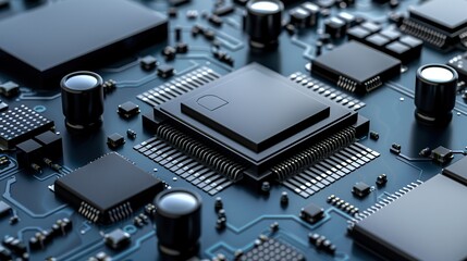 Fototapeta premium Close-up of computer chip on circuit board technology component equipment background