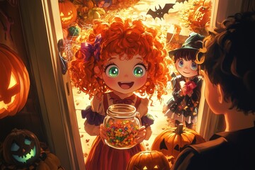 Halloween Night: Joyful Trick-or-Treating Kids,  Halloween, trick-or-treat, children, kids, joyful, pumpkin, jack-o-lantern, Halloween costumes, autumn