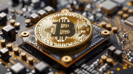 close-up of gold Bitcoin coin on tech circuit board cyptocurrency