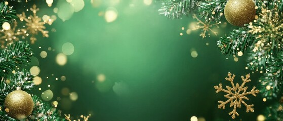green christmas background with snowflakes and gold sequins