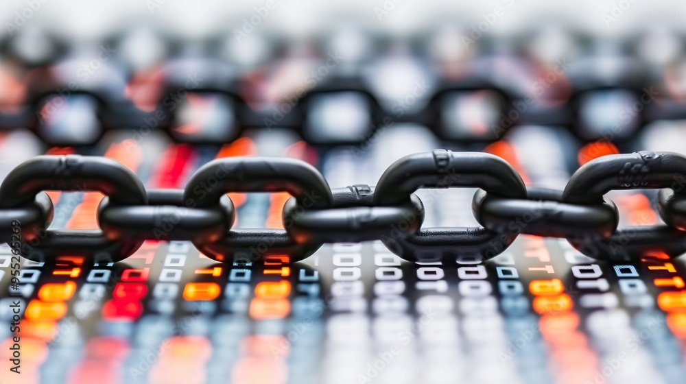 Poster close-up of metal blockchain on tech background of binary code