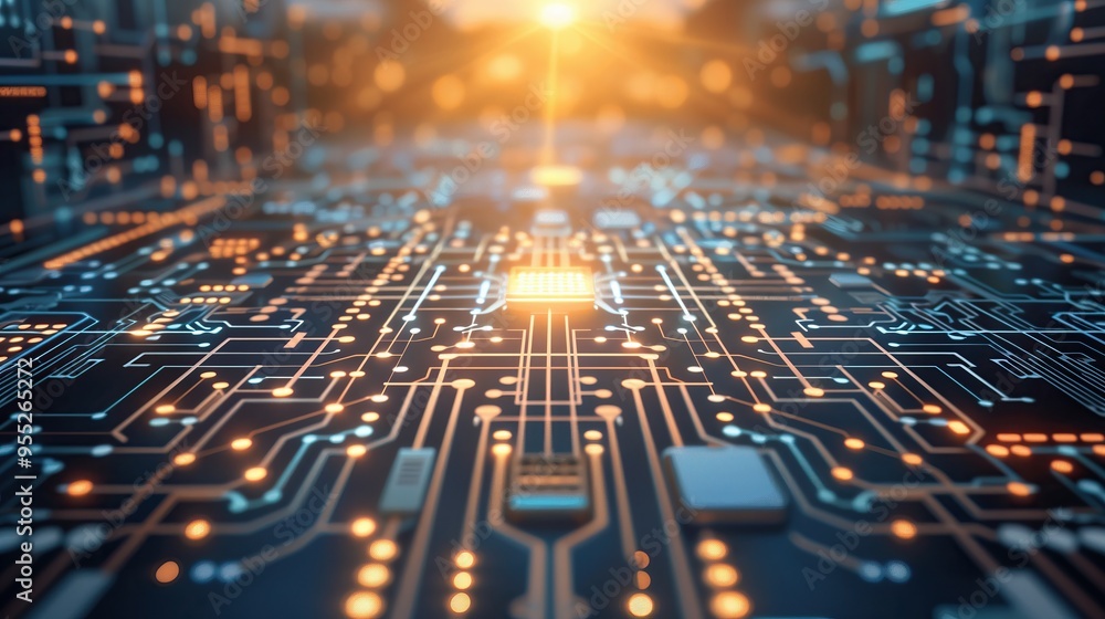 Poster close-up view of circuit board with glowing orange blue lines technology background
