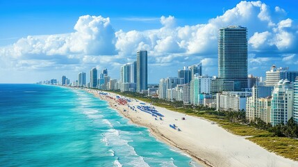 Naklejka premium Miami Beach skyline featuring The Setai and other prominent hotels near South Beach, showcasing luxury living, ocean views, and a bustling coastal cityscape on a summer day