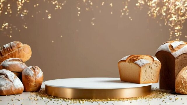 Empty Podium with Bakery Items for Product Showcase,3D Podium Display with Fresh Bakery Goods, Podium with Bread and Pastries for Product Display, Creative Podium Design with Fresh Bakery