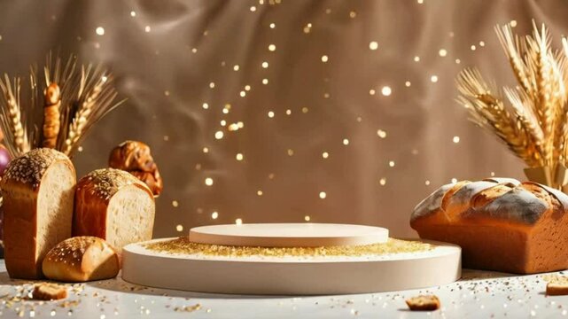 Empty Podium with Bakery Items for Product Showcase,3D Podium Display with Fresh Bakery Goods, Podium with Bread and Pastries for Product Display, Creative Podium Design with Fresh Bakery