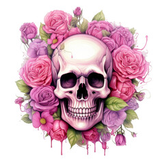 A Human Skull Adorned with Pink Roses and Dripping Paint
