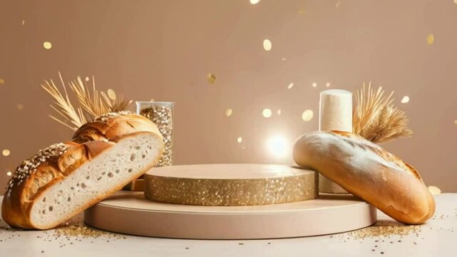 Empty Podium with Bakery Items for Product Showcase,3D Podium Display with Fresh Bakery Goods, Podium with Bread and Pastries for Product Display, Creative Podium Design with Fresh Bakery