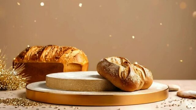 Empty Podium with Bakery Items for Product Showcase,3D Podium Display with Fresh Bakery Goods, Podium with Bread and Pastries for Product Display, Creative Podium Design with Fresh Bakery