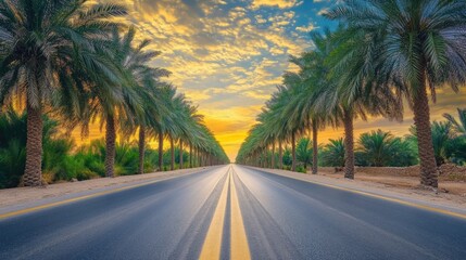 Palm date trees lining both sides of a road, with their shadows cast on the asphalt and a vibrant sky above, creating a picturesque roadside scene