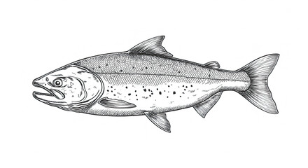 Naklejka premium Fish sketch salmon trout. Vintage retro print, black white salmon trout fish sketch ink pencil style drawing, linear drawing, engrave old school. Sketch artwork salmon trout fish. Illustration