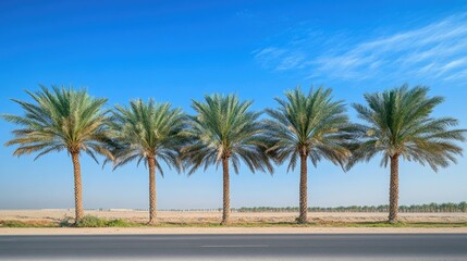 Palm date trees with a backdrop of a clear blue sky, positioned beside a wide asphalt road, emphasizing a blend of natural beauty and modern infrastructure