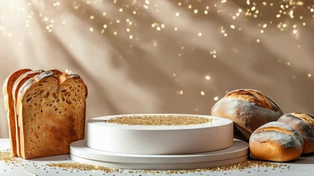 Empty Podium with Bakery Items for Product Showcase,3D Podium Display with Fresh Bakery Goods, Podium with Bread and Pastries for Product Display, Creative Podium Design with Fresh Bakery