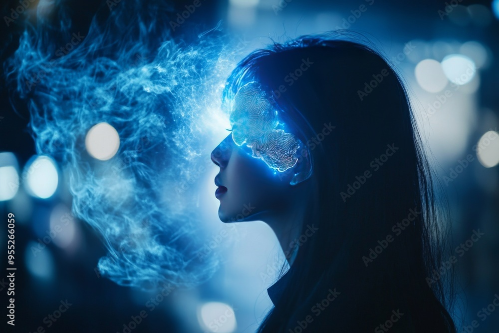 Aufkleber emotional processing diffusion tensor imaging blue lit profile of a woman with a glowing brain repre