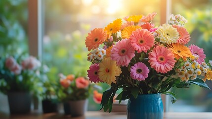 Vibrant bouquet of multicolored daisies arranged in a blue vase, set against a blurred garden background with warm sunlight.