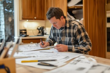 A young man drafts architectural plans in a cozy kitchen workspace filled with design documents during a focused afternoon