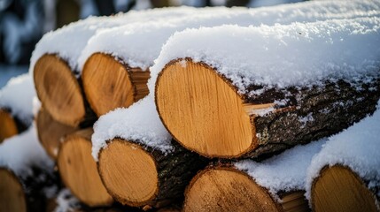 Pile of firewood logs with snow on top, stored outdoors for winter use, with the snow contrasting against the rough texture of the wood, creating a seasonal scene