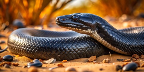 Fototapeta premium A close-up view of a black snake resting on the sandy ground, showcasing its intricate scales in a vibrant natural setting.