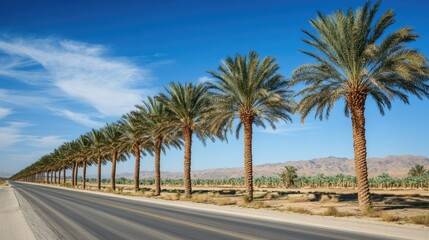 Row of palm date trees lining the side of a highway, with a clear blue sky and asphalt road stretching into the distance, highlighting desert landscaping