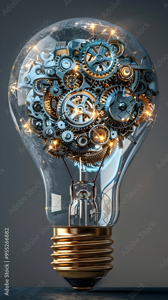 Poster lightbulb formed from interconnected gears and mechanisms illustrating complexity of great ideas