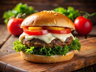 A delicious hamburger with fresh lettuce, ripe tomatoes, and creamy mayonnaise, served on a toasted sesame seed bun.