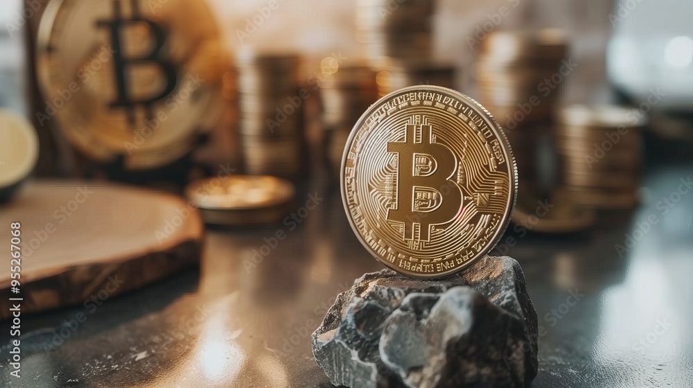 Poster bitcoin rests on rock surrounded by pile of other coins crypto currency digital tech