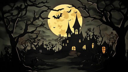 Silhouette of a haunted house under a glowing full moon with bats flying in the night, creating a spooky Halloween scene.