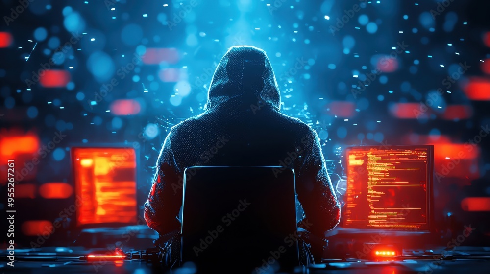 Poster a mysterious figure in a hoodie works on multiple screens, immersed in a digital world of codes and 