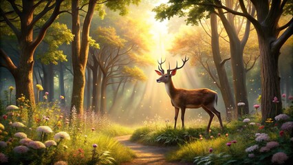 A majestic deer stands in a sunlit forest, surrounded by vibrant greenery and delicate flowers, creating a serene natural scene.