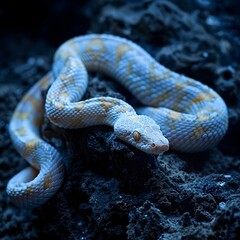 Fototapeta premium Albino Snake Slithering Over Dark Rocky Terrain in High Contrast Monochrome