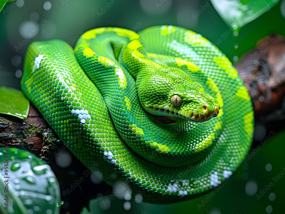 Poster vibrant green tree python coiled around a branch with detailed scales and leaves