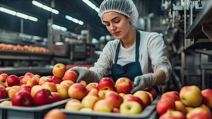 Fototapeta premium Technologist at work in a food processing plant, ensuring the efficient sorting and processing of apples, blending human expertise