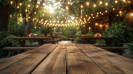 Fototapeta premium A wooden table with a view of a patio with lights and plants