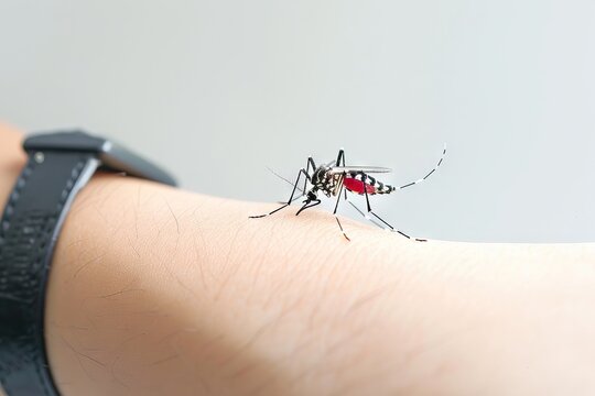A mosquito bites white boy's arm mosquito's belly is red Generative AI
