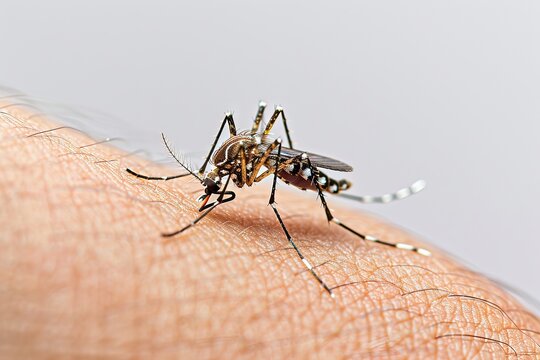 A mosquito bites white boy's arm mosquito's belly is red Generative AI