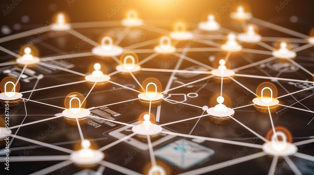 Poster abstract network of glowing icons connected by white lines connection background