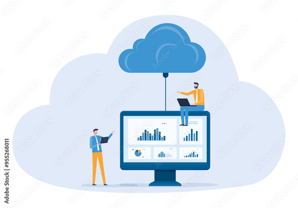 Aufkleber business technology cloud computing service concept and datacenter storage server connect on cloud with administrator and developer team working concept
