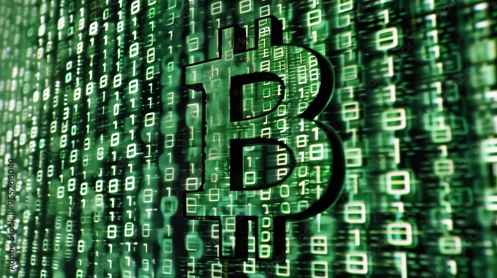 Poster abstract bitcoin symbol on green digital binary tech cryptocurrency background