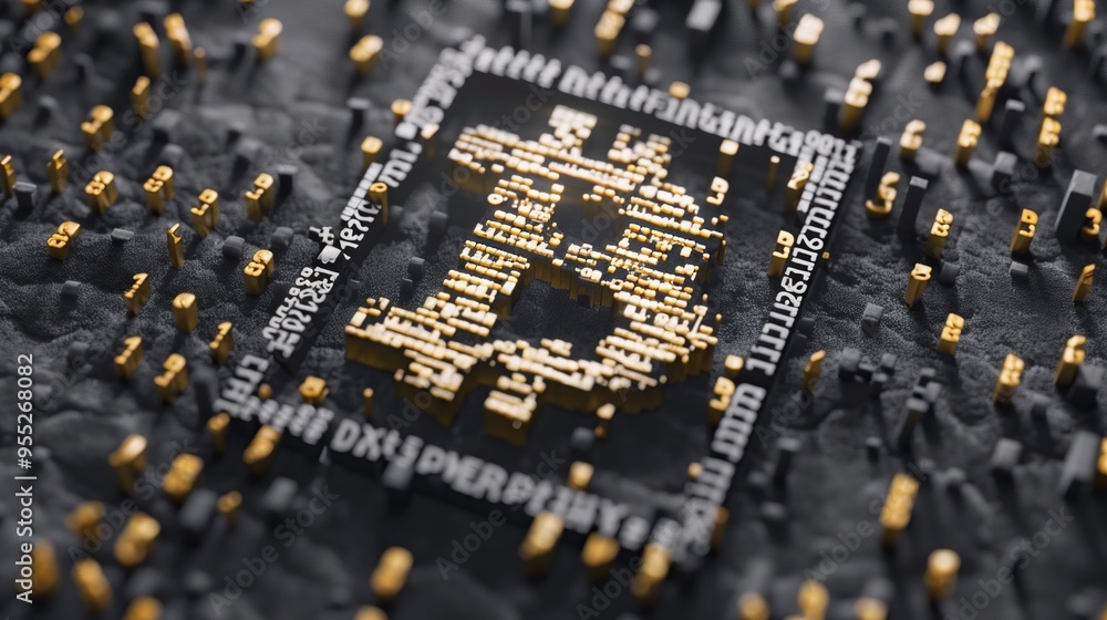 Poster abstract 3d golden bitcoin symbol against tech black background