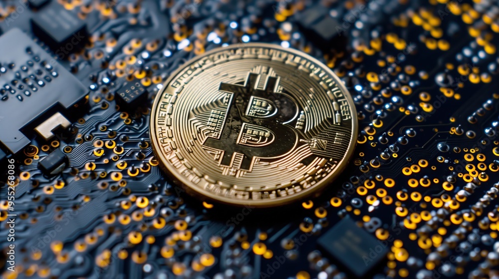 Poster gold bitcoin coin on circuit board technology cryptocurrency digital background