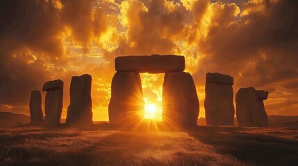 Stonehenge at golden hour, with the sun setting directly behind the stones, creating a mystical and enchanting scene with a glowing sky and long shadows