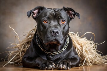 Obraz premium A striking portrait of a black dog with an expressive gaze, surrounded by straw, showcasing loyalty and beauty.