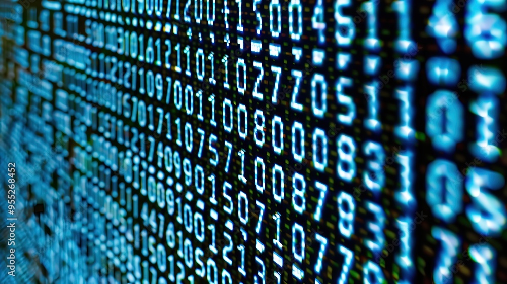 Poster close-up of digital screen displaying stream of binary code tech background